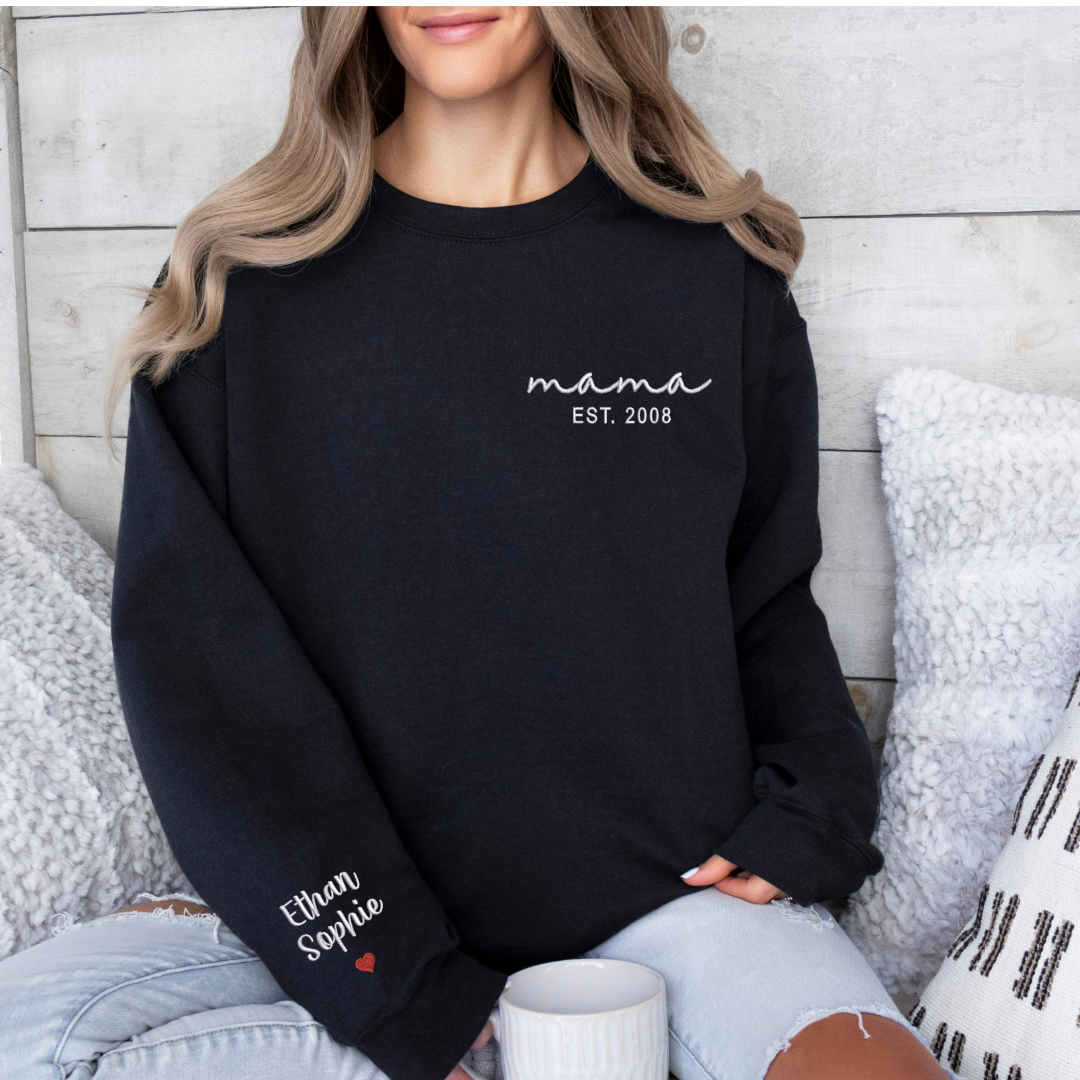 Motherhood Chic: Embroidered Mama Script Sweatshirts - Pocket