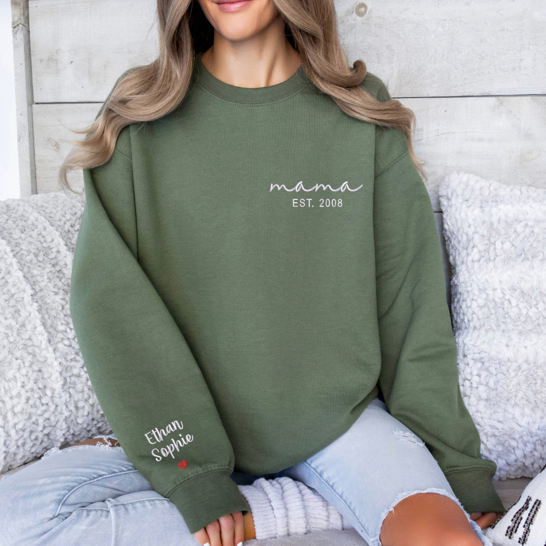 Motherhood Chic: Embroidered Mama Script Sweatshirts - Pocket