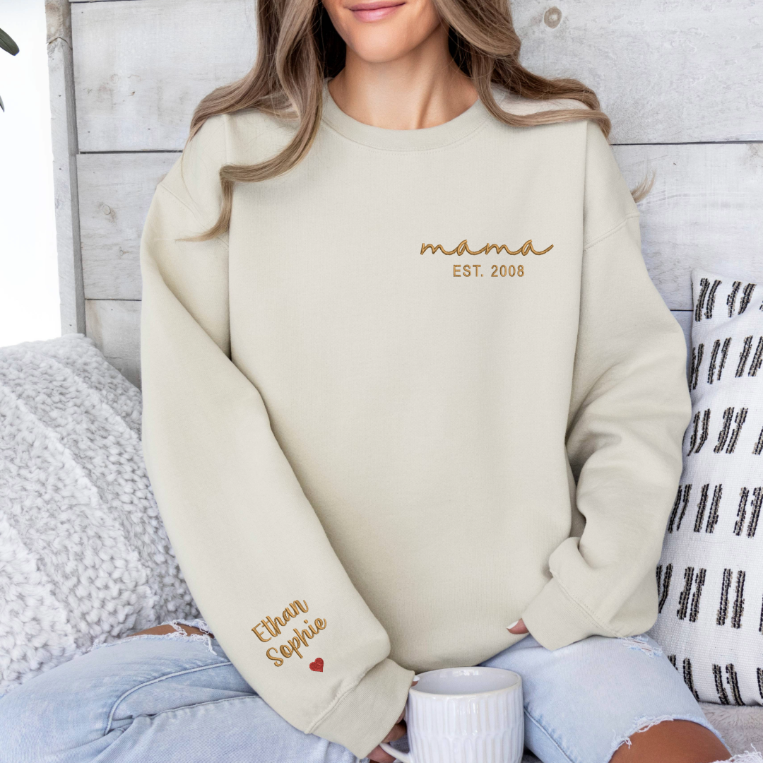 Motherhood Chic: Embroidered Mama Script Sweatshirts - Pocket