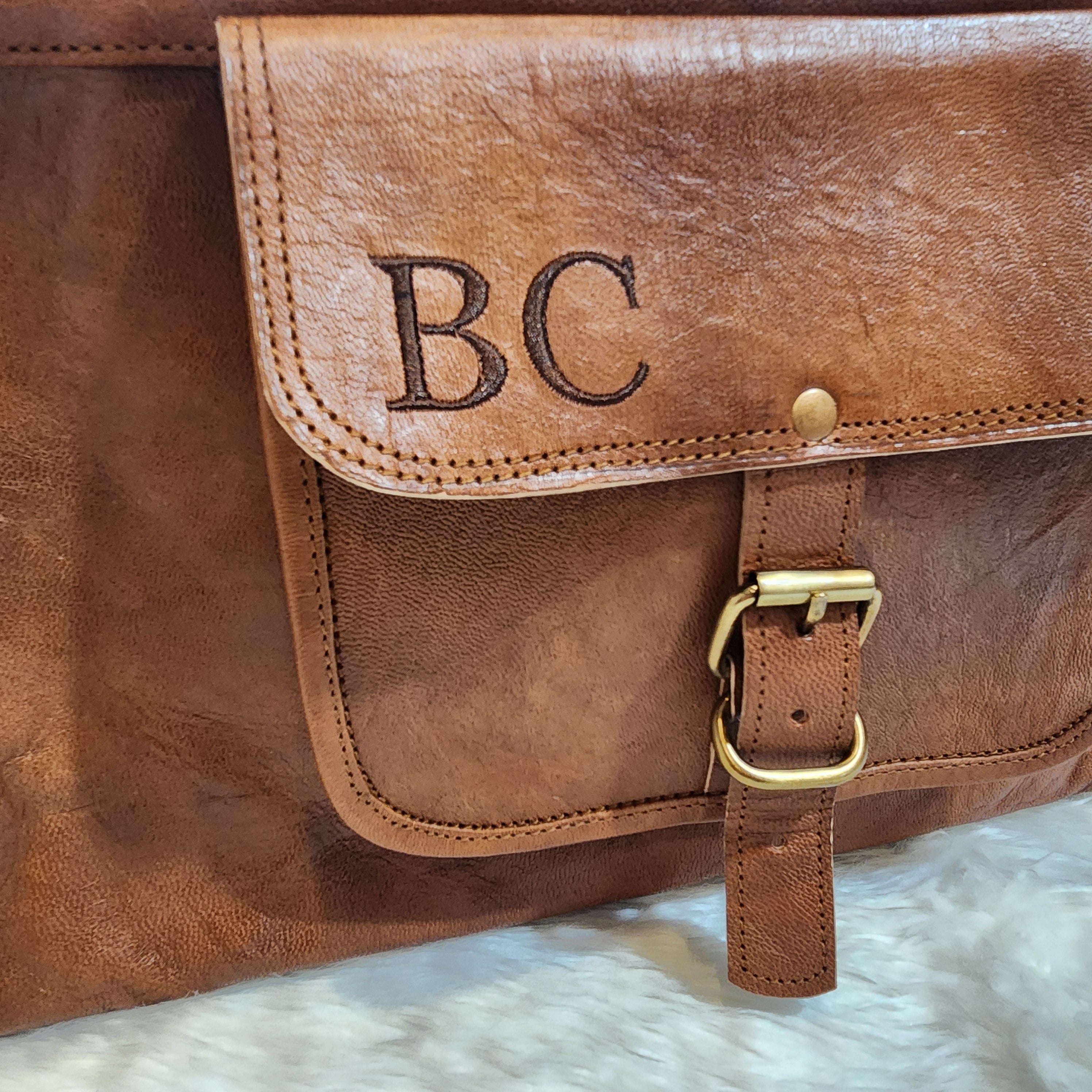 Custom monogram embroidery on leather bag