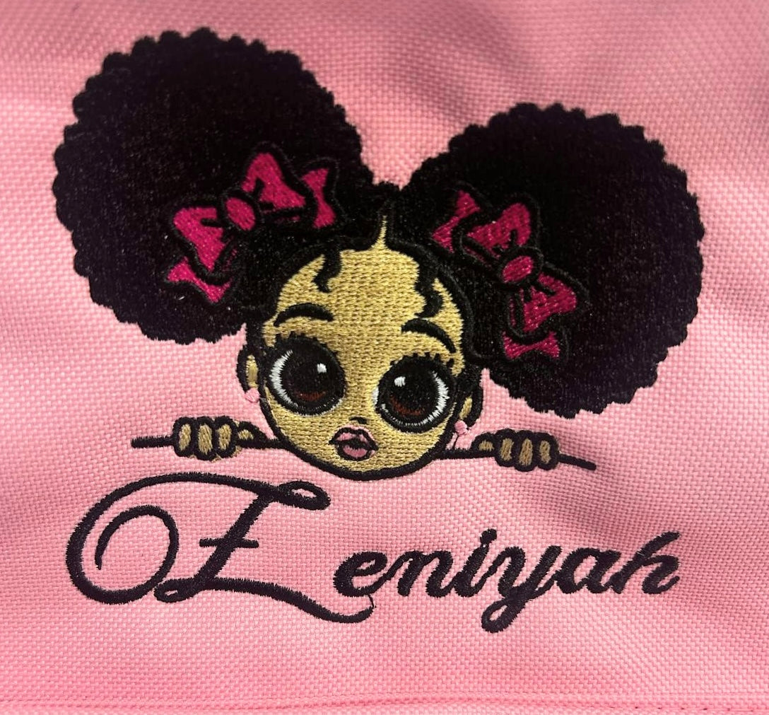 Personalized embroidered backpack with colorful logo